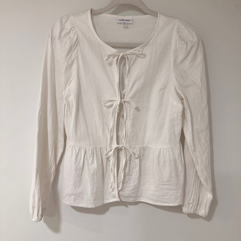 Willow + Root Tie‎ Front Peplum Top Women Small White Puff Sleeve | Cottagecore